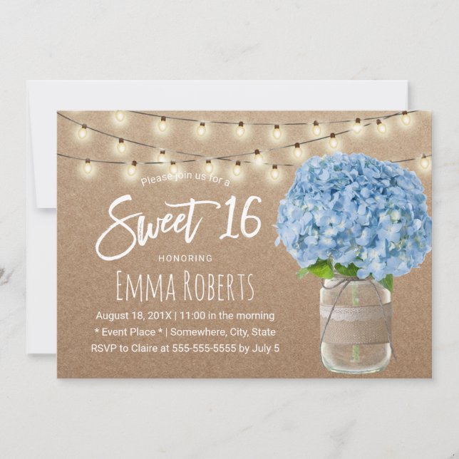 Sweet 16 Blue Hydrangea String Lights Rustic Kraft Einladung (Vorderseite)