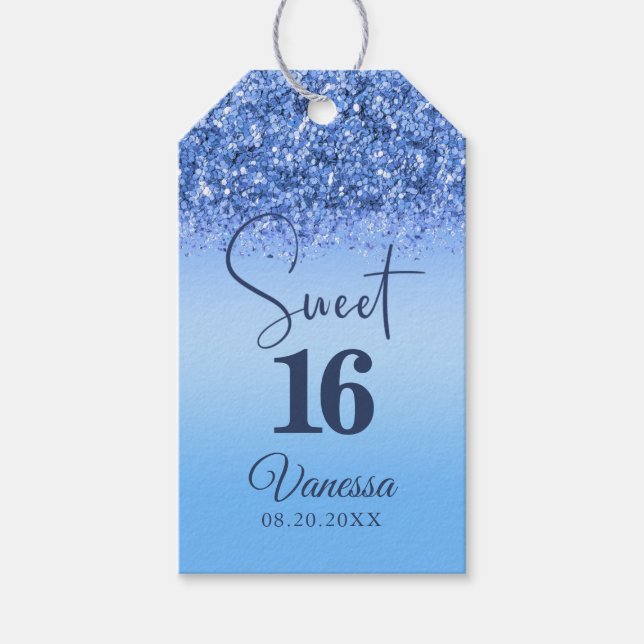 Sweet 16 Blue Imitats Glitzer Girly Birthday Gesch Geschenkanhänger (Vorderseite)