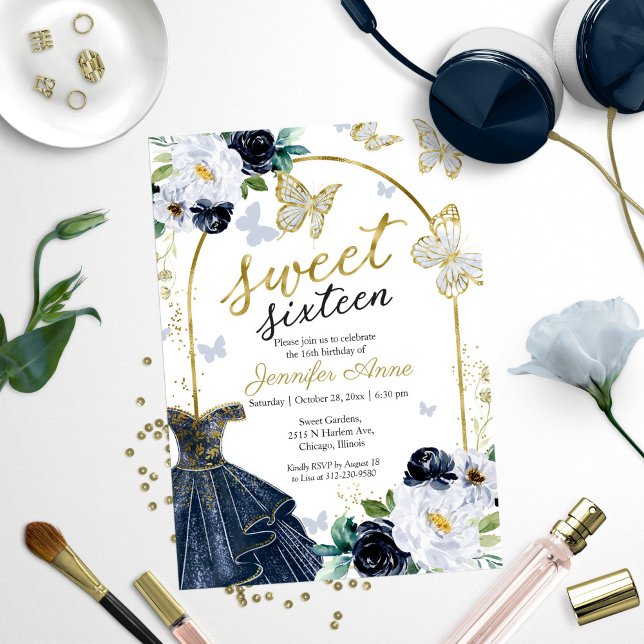 Sweet 16 Blues Navy Blue Dress Butterfly Einladung (Von Creator hochgeladen)