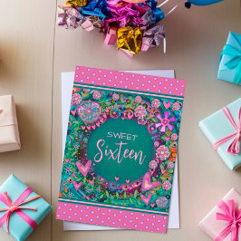 Sweet 16 Blumenrosa Girly Hübsches Alter Karte