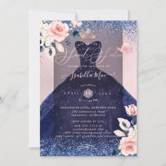 Sweet 16 Blush Bloral Navy Blauer Glitzer Gown Einladung