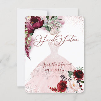Sweet 16 Blush Burgund Wasserfarbe Blume Einladung