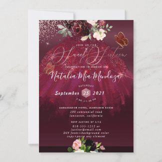 Sweet 16 Blush Burgund Wasserfarbe Blume Einladung