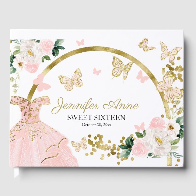 Sweet 16 Blush Butterfly Blume Rosa Kleid Gästebuch (Vorderseite)