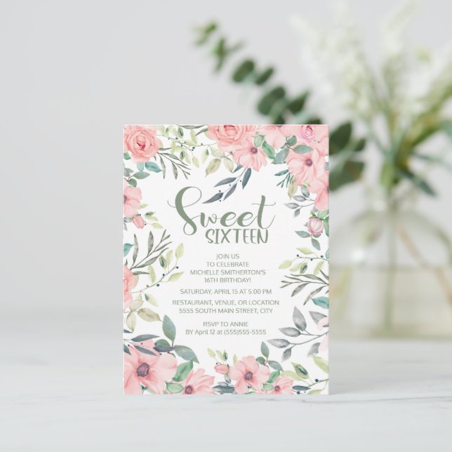 Sweet 16 Blush Pink Blume Sage Green Blätter Postkarte (Stehend Vorderseite)