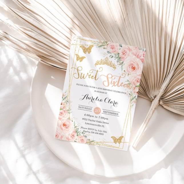 Sweet 16 Blush Pink Floral Champange Schmetterling Einladung (Von Creator hochgeladen)