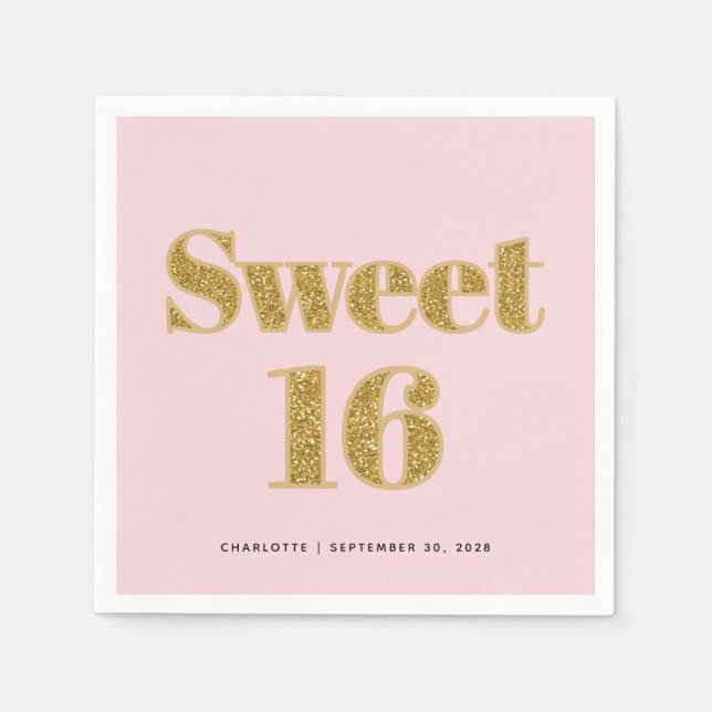 Sweet 16 Blush Pink Gold Glitzer Party Serviette (Vorderseite)