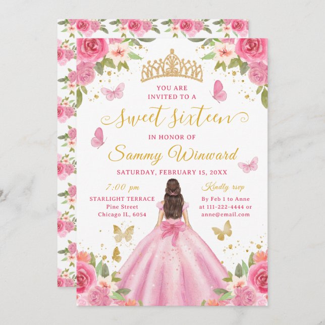 Sweet 16 Blush Pink Princess Brunette Girl Einladung (Vorne/Hinten)