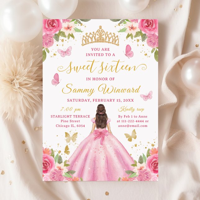Sweet 16 Blush Pink Princess Brunette Girl Einladung (Von Creator hochgeladen)