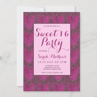 Sweet 16 Blush Pink und Magenta Glitzer Einladung