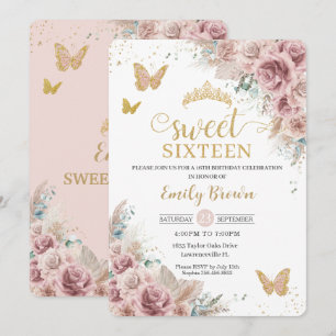 Sweet 16 Boho Blush Dusty Rose Floral Pampas Grass Einladung