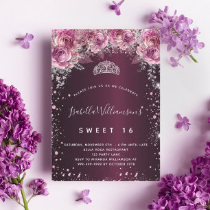 Sweet 16 bordeauxrosa Glitzer Floraltiara Einladung