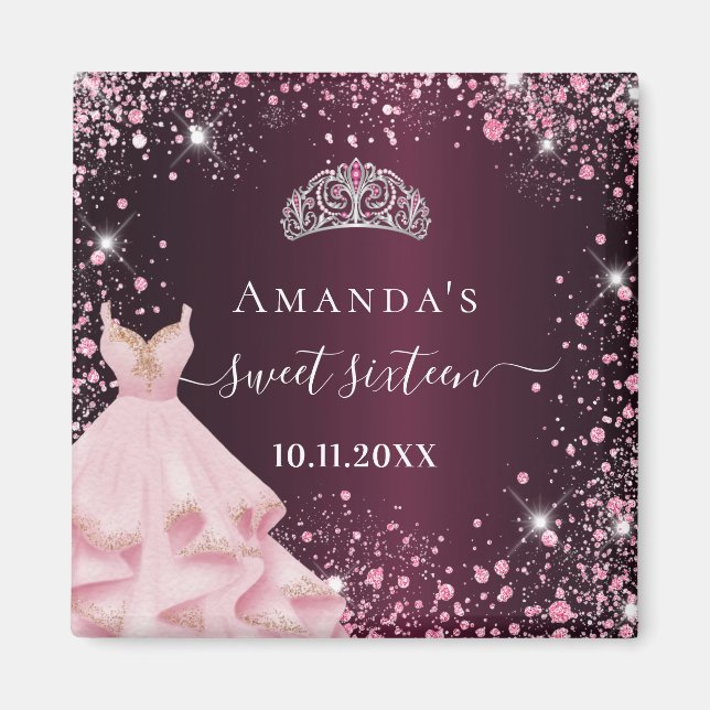 Sweet 16 bordeauxrosa Tiara Kleid Glitzer Staub Magnet (Vorne)