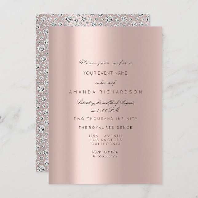 Sweet 16. Bridal Rose Pastel Pink Rose Diamond Einladung (Vorne/Hinten)