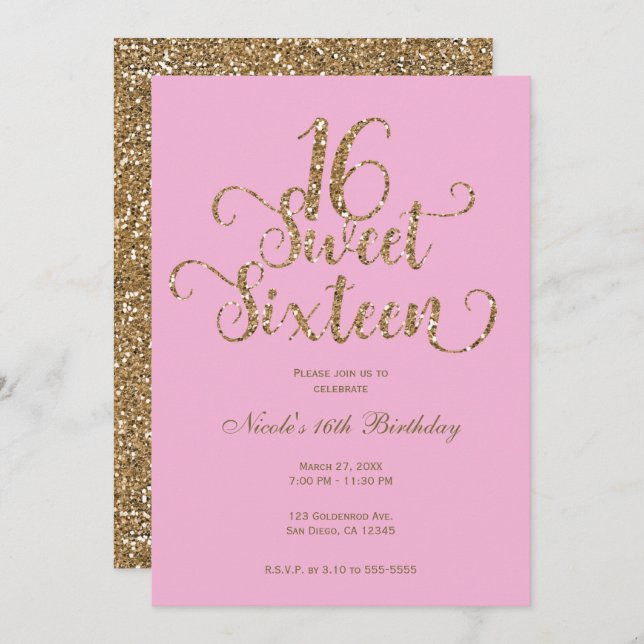 Sweet 16 Bubblegum Pink & Gold Glitzer Geburtstag Einladung (Vorne/Hinten)