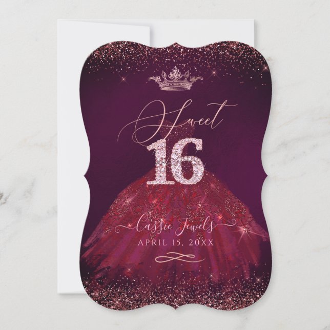 Sweet 16 Burgund Rose Gold Confetti Prinzessin Einladung (Vorderseite)