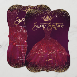 Sweet 16 Burgundy Gold Confetti+Princess Crown Einladung