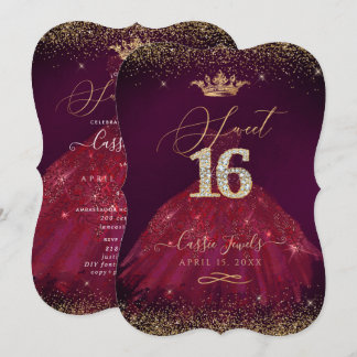 Sweet 16 Burgundy Gold Confetti+Princess Crown Einladung