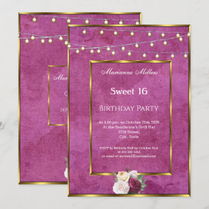 Sweet 16 Burgundy Gold Fairy Lights Rose Einladung
