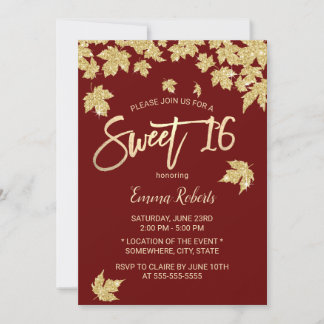 Sweet 16 Burgundy Red Modern Gold Blätter Einladung
