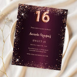 Sweet 16 burgundy Rose Gold Einladung<br><div class="desc">Für einen eleganten Sweet 16,  16. Geburtstag. Eine burgundische Hintergrundfarbe. Dekoriert mit Rose Gold Imitate Glitzern. Personalisieren und fügen Sie einen Namen und Party-Details hinzu. Der Name wird mit einem handgeschriebenen Stilskript geschrieben. 1 Blatt = 1 Einladung mit Druckkante bis Kante.</div>