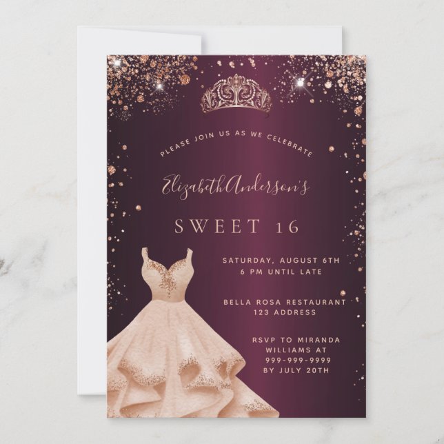 Sweet 16 burgundy Rose Gold Glitzer Kleid tiara Einladung (Vorderseite)