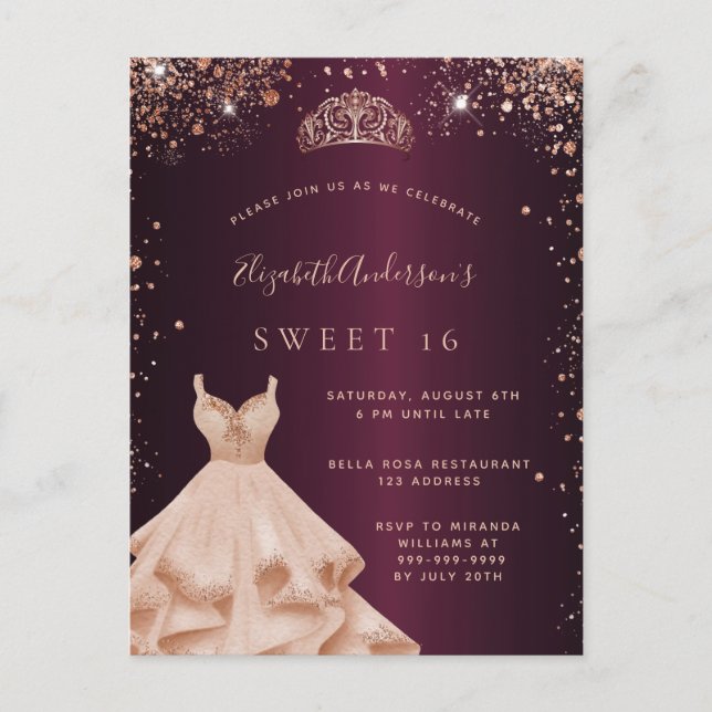 Sweet 16 burgundy Rose Gold Glitzer Kleid tiara Einladungspostkarte (Vorderseite)