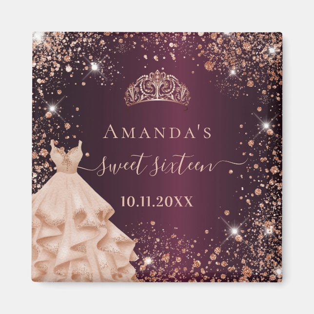 Sweet 16 burgundy Rose Gold Tiara Kleid Name Magnet (Vorne)