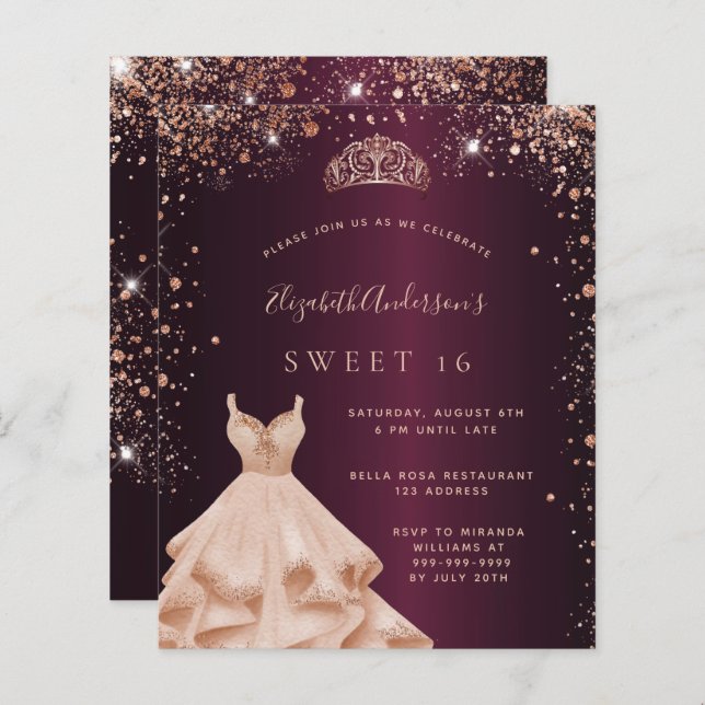 Sweet 16 burgundy Rose Goldkleid Tiara Einladung (Vorne/Hinten)