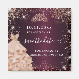 Sweet 16 burgundy tiara Kleid Gold Save the Date Magnet