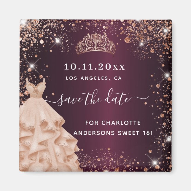 Sweet 16 burgundy tiara Kleid Gold Save the Date Magnet (Vorne)