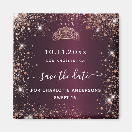 Sweet 16 burgundy tiara Rose Gold Save the Date Magnet