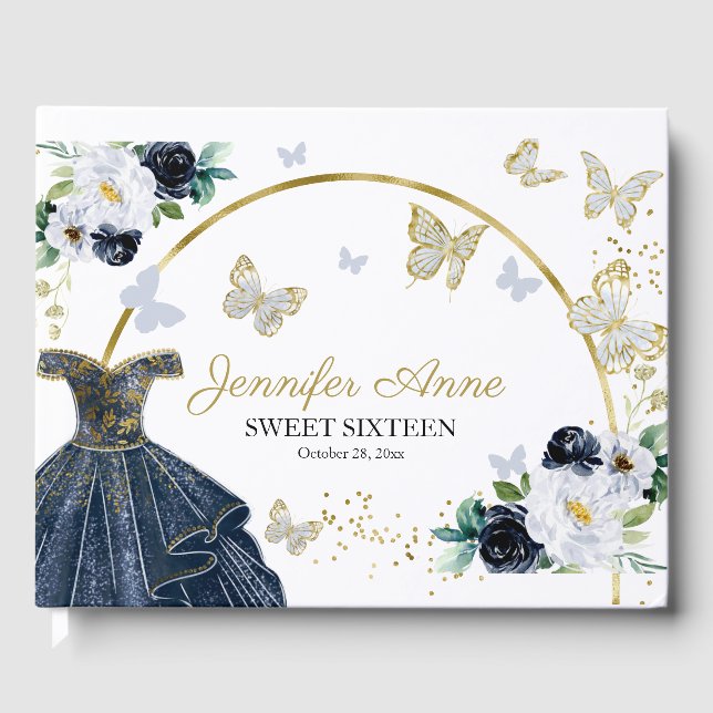 Sweet 16 Butterfly Blume Dunkles blaues Kleid Gästebuch (Vorderseite)