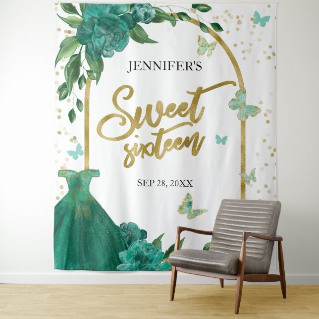 Sweet 16 Butterflys Emerald Green Gown Hintergrund Wandteppich (Beispiel)