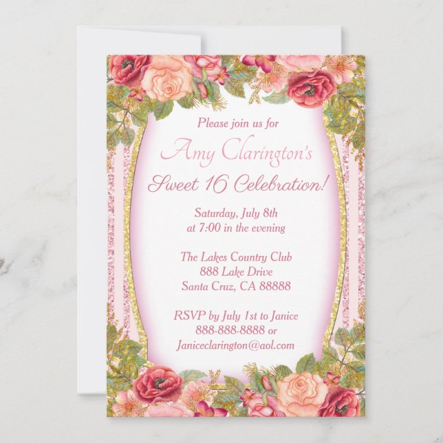 Sweet 16 Card Rosa Blütengold Glitzer Einladung (Vorderseite)