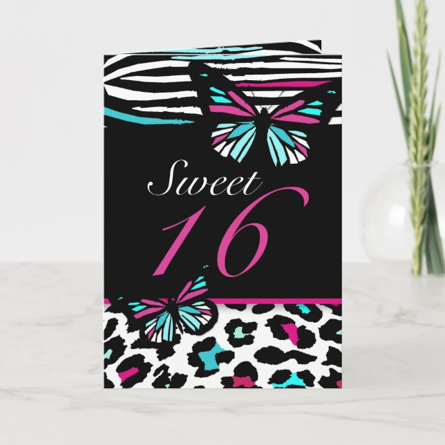 Sweet 16 Card Schmetterling, Leopard & Zebra Print Einladung (Vorderseite)