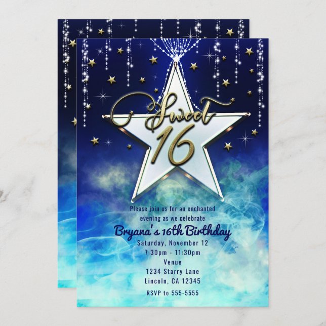 Sweet 16 Celestial Clouds & Gold Stars Party Einladung (Vorne/Hinten)