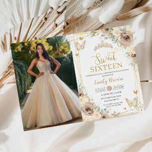 Sweet 16 Champagne Brown Floral Butterflies Foto Einladung