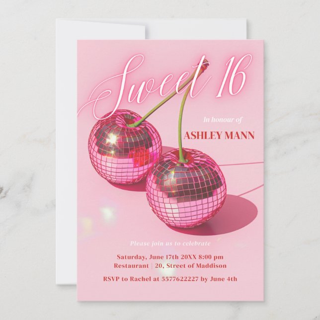 Sweet 16 Cherry Pink Discoball Geburtstag Einladun Einladung (Vorderseite)