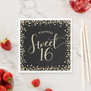 Sweet 16 Chic Black Gold Glitzer Confetti Geburtst Serviette