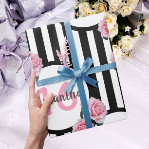 Sweet 16 chic rosa Rosen Schwarz-weiße Streifen Geschenkpapier
