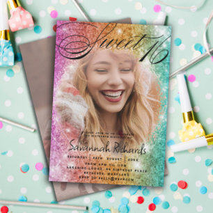 Sweet 16 Colorful Rainbow Glitzer & Foto Party Einladung