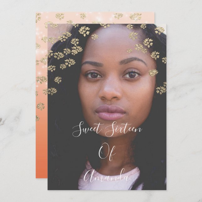 Sweet 16. Coral Blume Gold Ombre Foto Ombre Einladung (Vorne/Hinten)