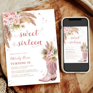 Sweet 16 Cowgirl Boot Pampas Grass Rose Geburtstag Einladung