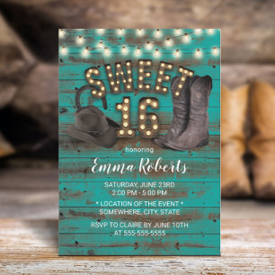 Sweet 16 Cowgirl Rustic Aquamarin Barn Wood Wester Einladung