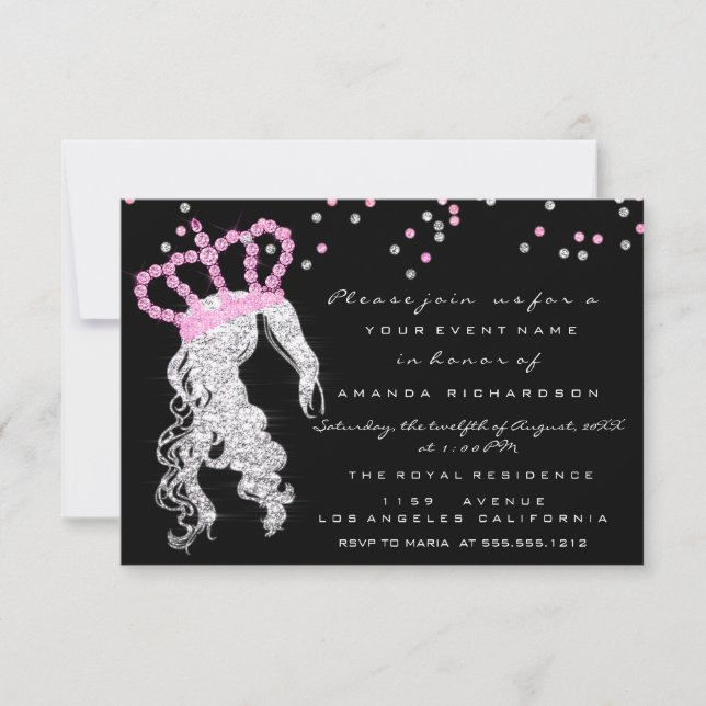 Sweet 16. Crown Princess Confetti Black Pink Gray Einladung (Vorderseite)