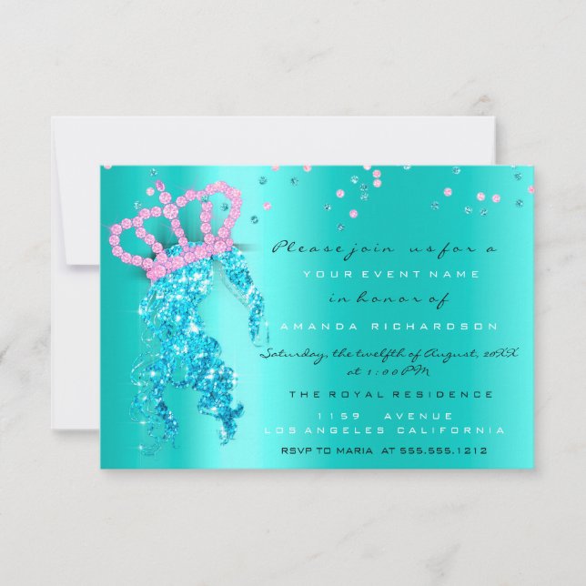 Sweet 16. Crown Princess Confetti Blue Mint Pink Einladung (Vorderseite)