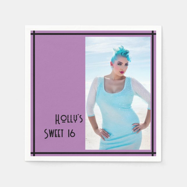 Sweet 16 Custom Foto Napkin - Lila & schwarz Serviette (Vorderseite)