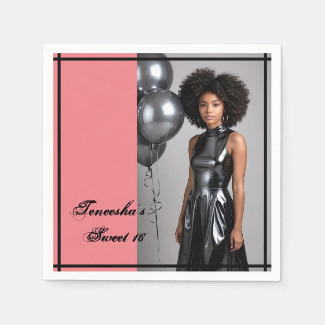 Sweet 16 Custom Foto Napkin - Pink & Black Serviette (Vorderseite)