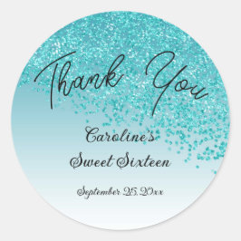 Sweet 16 Danke Falling Aquamarin Blue Glitzer 3 in Runder Aufkleber